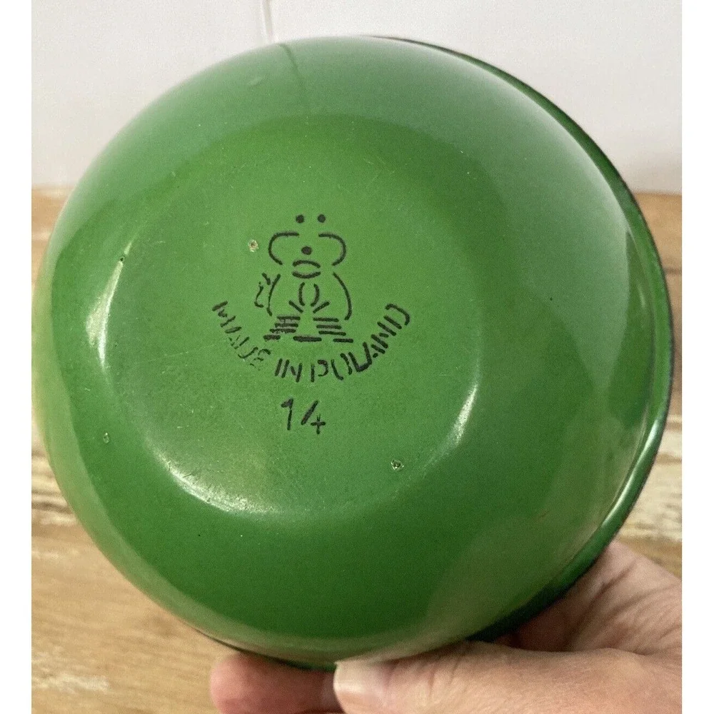 Vintage enameled enamelware bowls blue green olive Made in Poland stamp